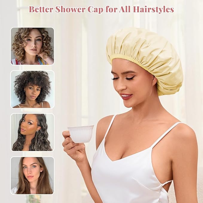 Shower Cap for Women Waterproof Reusable, Large Shower Cap Non-Slip with Elastic Band, Washable Bath Hair Hat for Long Hair, Braids (Light Yellow)