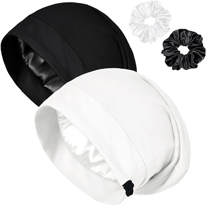 Satin Bonnet for Sleeping Night Cap, Adjustable Satin Lined Silk Bonnets Sleep Cap for Curly Hair Braids Beanie Black Women