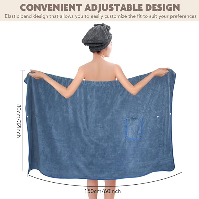 SUNLAND Microfiber Women Bath Towel Wrap and Hair Drying Towel Set,Adjustable Soft Body Wraps Dress with Hair Towels, Super Absorbent to Quick Drying 32 Inch x 60 Inch Dark Blue