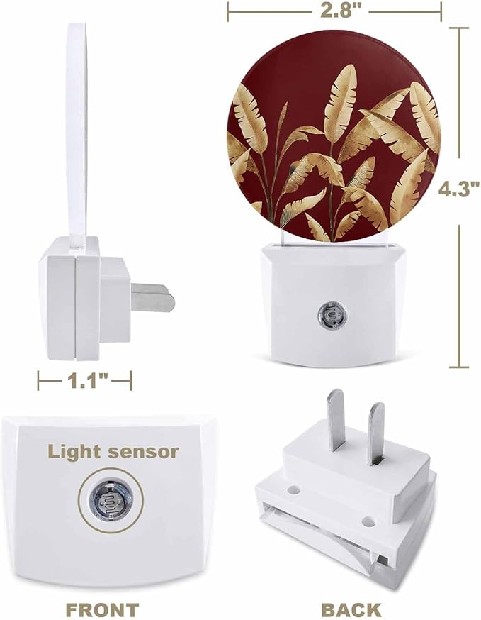Night Lights Auto Sensor Golden Foliage Night Light Red Minimalist Leaf Round Lamp Plug-in LED Nightlights Dusk to Dawn for Living Room Bedroom Bathroom Hallway Wall Decor