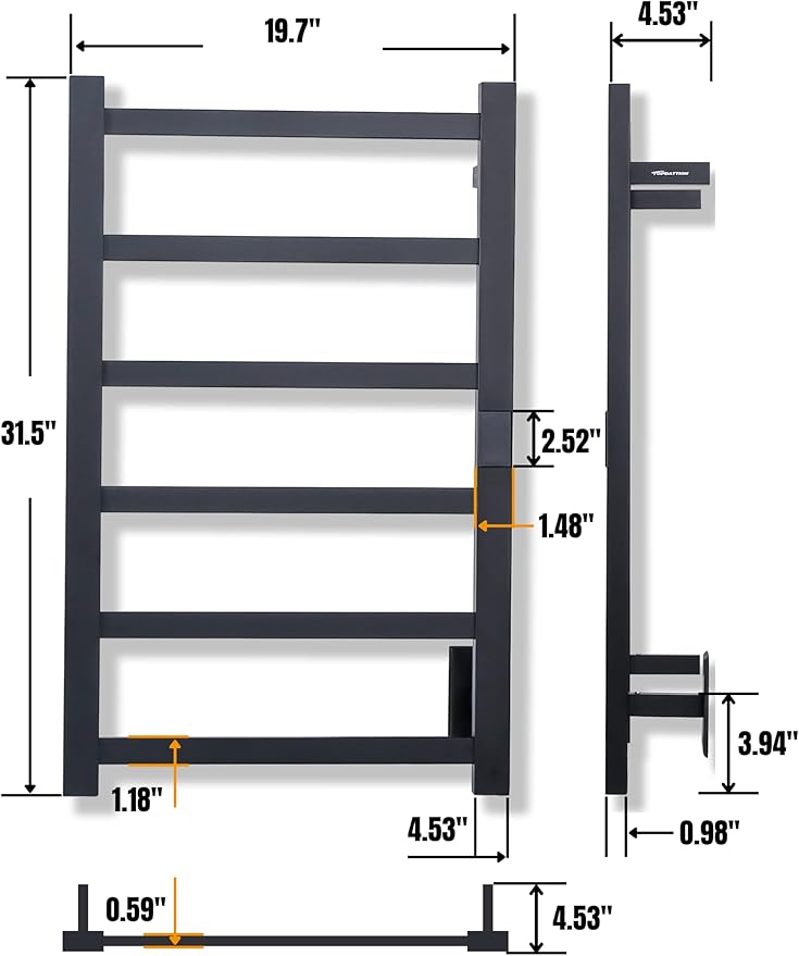 Topdattion Electric Towel Warmer | Super Thin | with Timer & Temperature Multi-Level Adjustments | Hardwired & Plug-in | 6 Bar | Matte Black Finish