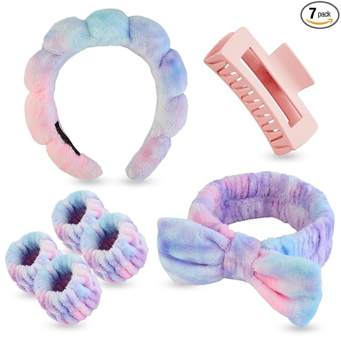 7 Pcs Spa Set, Facial Headband and Wristband Set, Skincare Accessories, College Style Girl Idea Gifts, Hair Accessories for Women and Girls（Tie Dye）