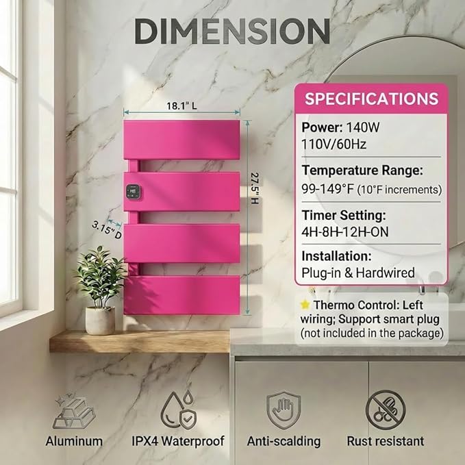 Electric Towel Warmer, Heated Towel Rack with Thermo Control and Timer, Fast Heating Towel Rail for Bathroom with Memroy Function, Work with Smart Plug, Left-Wiring, 4 Panel, Pink