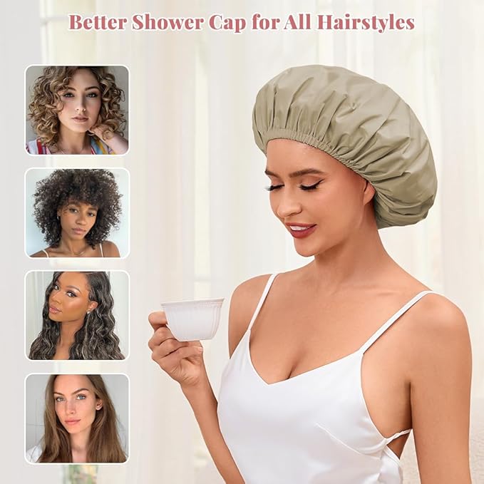Shower Cap for Women Waterproof Reusable, Large Shower Cap Non-Slip with Elastic Band, Washable Bath Hair Hat for Long Hair, Braids (Brown)
