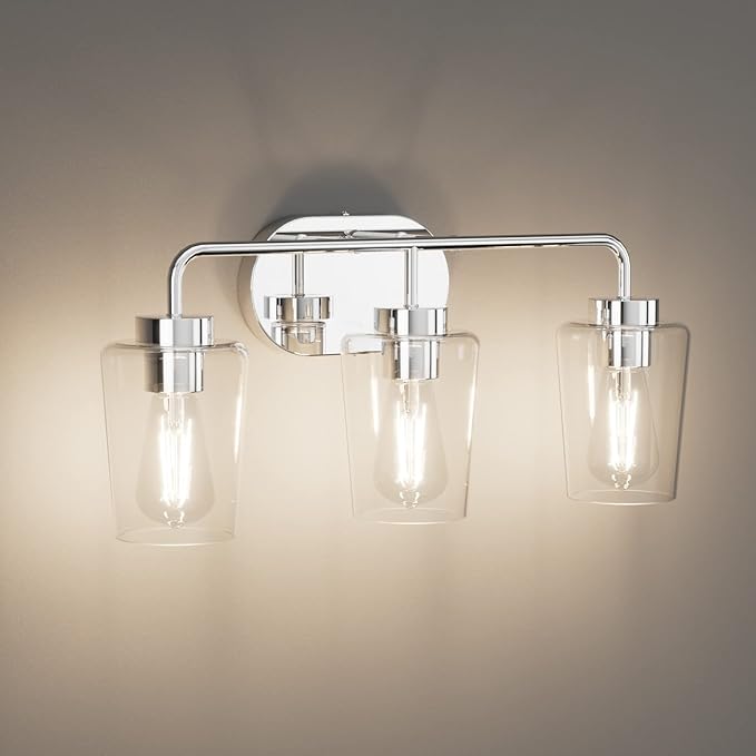 Tipace Modern Bathroom Vanity Lighting Fixtures 3-Lights Industrial Stainless Steel Chrome Finish with Clear Glass Vanity Lights Farmhouse Bath Lighting(Exclude Bulb)