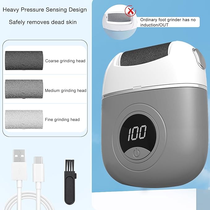 Callus Remover Foot File,Electric Foot File Grinding Machine Foot Repair and Grinding Device,Upgrade Digital Display Electric Foot Exfoliating Scrubber with 3Grinding Heads 2Speeds (Grey)