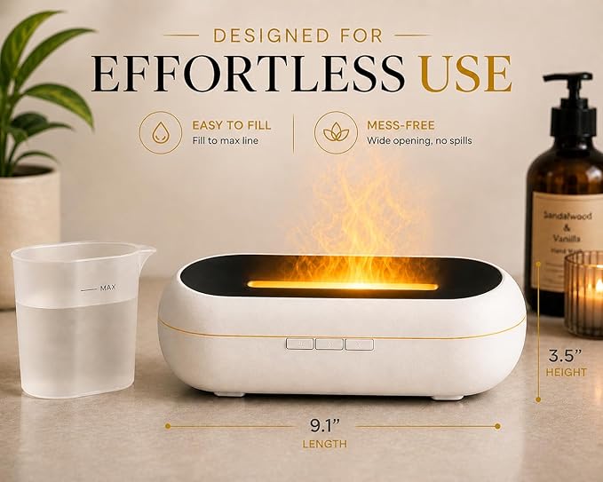 AquaAura Flame Effect Diffuser, 160ml Essential Oil Diffuser with Realistic Flame Mist, 7 LED Colors, Timer & Auto Shut-Off for Bedroom, Home, Office