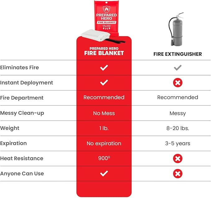 Prepared Hero Emergency Fire Blanket - 2 Pack - Fire Suppression for Kitchen, 39” x 39” Fiberglass Fire Blanket for Home