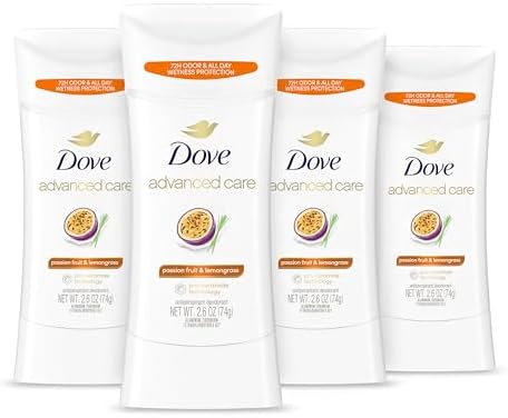 Dove Advanced Care Antiperspirant Deodorant Stick Passion Fruit & Lemongrass scent 4 Count Antiperspirant deodorant with Pro Ceramide Technology 72-hour odor control and all-day sweat protection 2.6oz by Dove