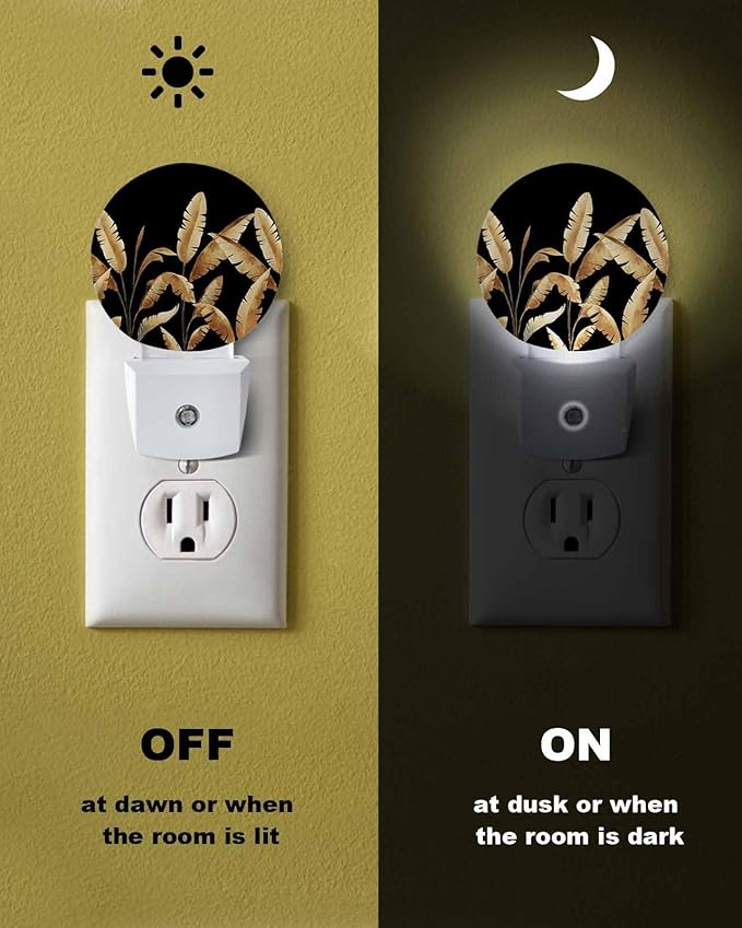 Night Lights Auto Sensor Golden Foliage Night Light Black Minimalist Leaf Round Lamp Plug-in LED Nightlights Dusk to Dawn for Living Room Bedroom Bathroom Hallway Wall Decor