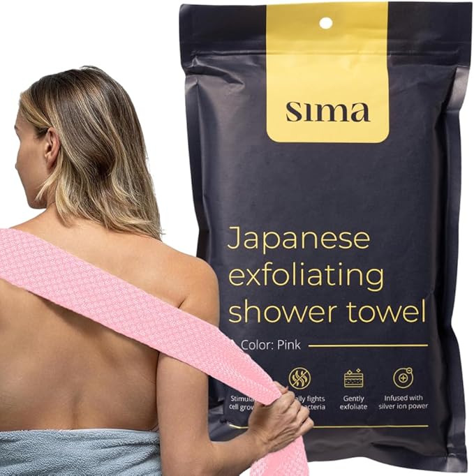 Sima Brand Exfoliating Washcloth Face & Body Scrub Towel - Japanese Exfoliating Towel with Hexagon Fibers, Body Scrubber with 2 Sides for Scrubbing & Washing, Extra Long Towels (Pink, 2 Pack)