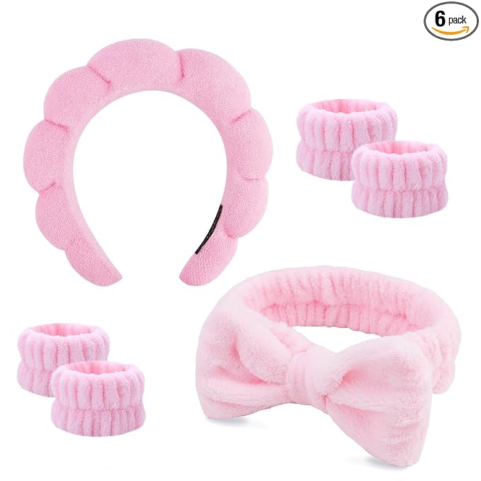 6 Pcs Elastic Microfiber Spa Headband Set for Women - Makeup, Skincare, Face Wash Wristbands, Beauty.(pink)