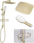 SonTiy Rain Shower Head System with Handheld Spray, 360° Adjustable Shower Arm Exposed Showerhead Kit with Caddy for Whole Family, Brushed Gold