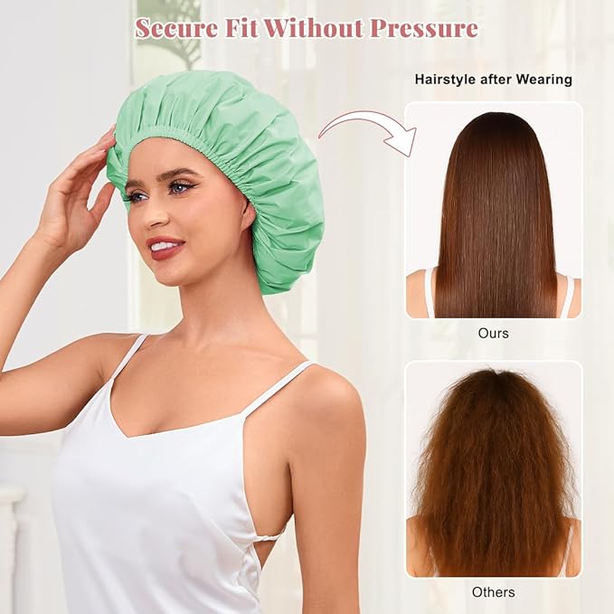 Shower Cap for Women Waterproof Reusable, Large Shower Cap Non-Slip with Elastic Band, Washable Bath Hair Hat for Long Hair, Braids (Mint Green)