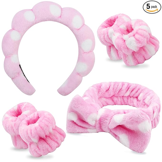 Chanaco Spa Set - Makeup, Skincare, and Face Wash Hair Band with Pink Sponge, Bow Tie Headband, and Wrist Bands for Women's Hair Accessories