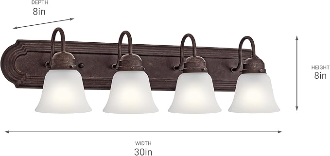 Kichler 5338TZS 30" 4-Light Bathroom Vanity Light Fixture with Satin Etched Glass, Traditional Design in Tannery Bronze for over Mirror Lighting (30" x 8" x 8")