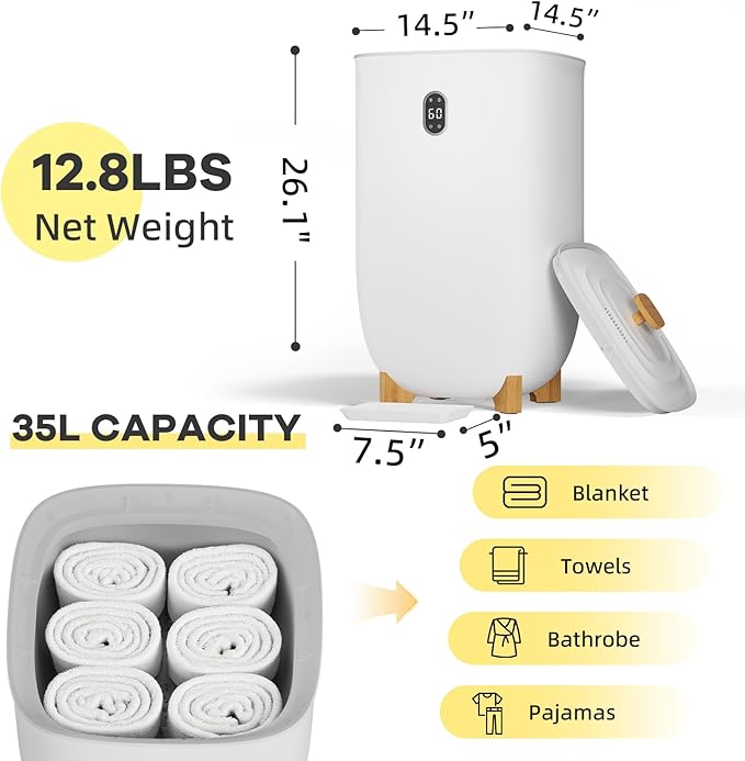 GarveeLife 35L Towel Warmer Bucket, Large Capacity Hot Air Towel Dryer & Deodorizer, Auto Heating, ABS Body & Removable Lid, Fast Drying for Bathroom, Home Spa, Salon, White