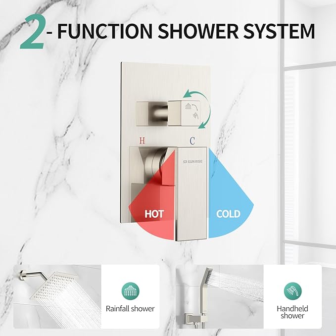 SR SUN RISE Shower Faucet Set - Shower Valve with 8 Inch Rainfall Shower Head and Handheld Shower - Wall Mounted Shower System with Rough In Valve and Shower Faucet Trim Repair Kits - Brushed Nickel