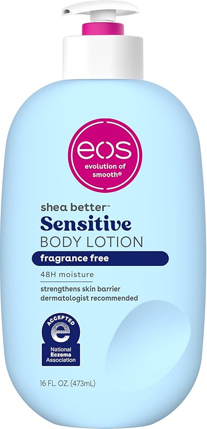 eos Shea Better Sensitive Skin Body Lotion - Fragrance-Free, 48-Hour Moisture Eczema Cream & Dry Skin Relief, Vegan, 16 fl oz (Packaging may vary)