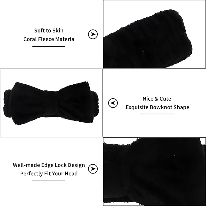 Casoty 10 Pcs Black Face Wash Headbands, Spa Gifts for Women Girls, Soft Coral Fleece Skincare Headband, Bow Hair Bands, Beauty Headbands for Face Washing Shower Skin Care Yoga