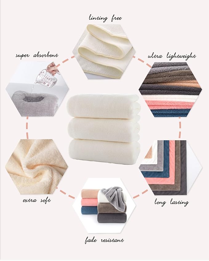 Lumimi Towels 3 Piece Very Soft Microfiber Bath Sheet Towel Set Super Absorbent Light Quick Dry and Durable, 55" L x 27" W, 3 Pack Cream White