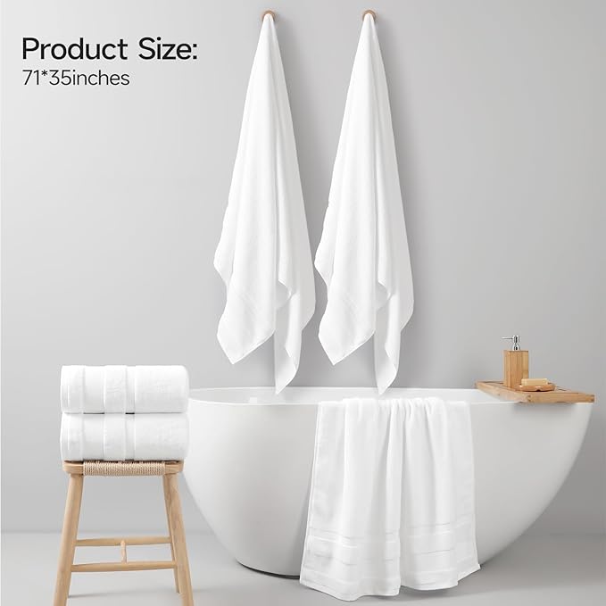 REDKISS 100% Cotton Bath Towels Set of 2, Extra Large Bath Sheets 35 X 70 Inches, 800G, Quick Dry, Ultra Soft & Super Absorbent Bathroom Towel Sets for Bathroom, Gym, Spa, Pool & Hotel, White