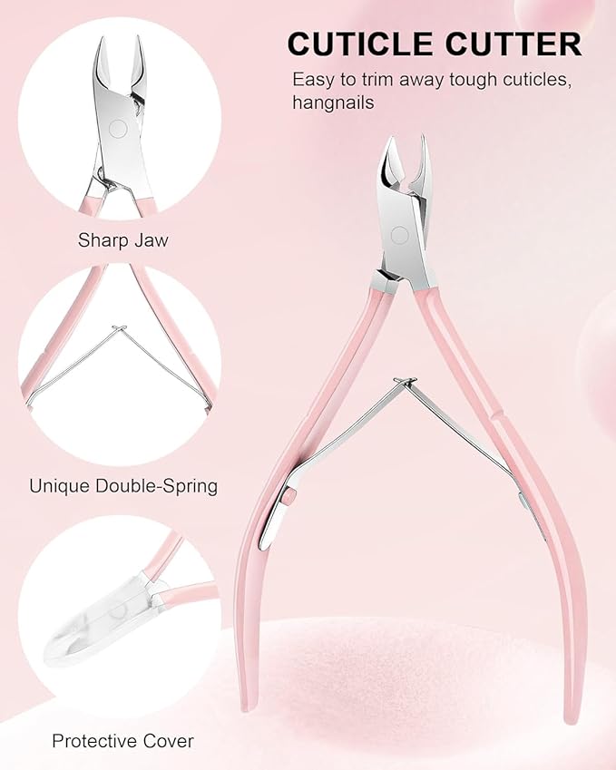Cuticle Trimmer with Cuticle Pusher and Nail Clipper - 4 PCS Cuticle Cutter Nipper Remover Pedicure Manicure Tools, Professional Stainless Steel Dead Skin Clipper for Fingernails Toenails Pink