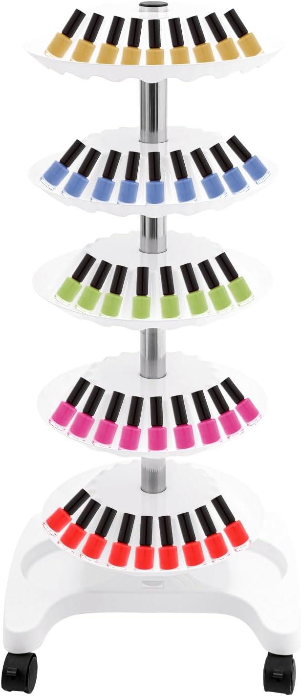 Nail Polish Trolley Organizer, 5 Tiers 360° Rotating Tray Nail Polish Spinning Rack Display Stand with Wheels, Display Rolling Cart for Spa Home Use