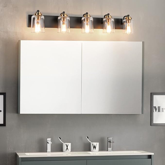 SOLFART 5 Lights Vintage Vanity Lighting Over Mirror Brass Bathroom Vanity Light Fixtures Thick Globes 8580 Lights