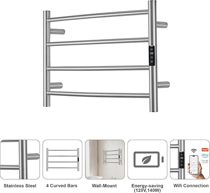 Electric Towel Rack with Voice Control for Alexa & Google Home,TUYA - Wall-Mounted Bathroom Heating Towel Warmer,Plug-in,Stainless Steel Material,16.54x23.62x5.51 in,Brushed，4 Bars