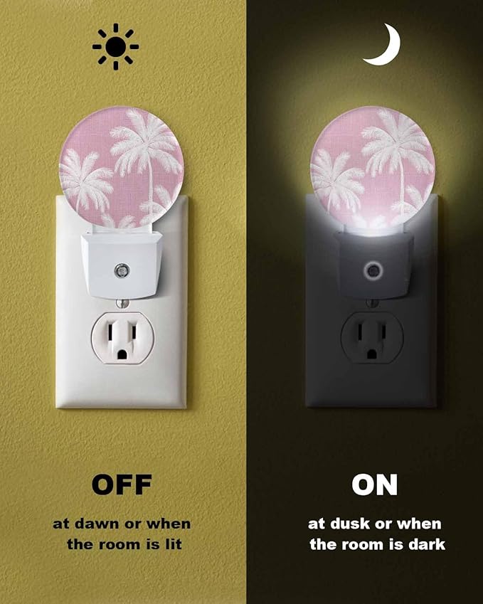 Night Lights Auto Sensor Tropical Palm Trees Night Light Peach Pink Linen Coastal Round Lamp Plug-in LED Nightlights Dusk to Dawn for Living Room Bedroom Bathroom Hallway Wall Decor