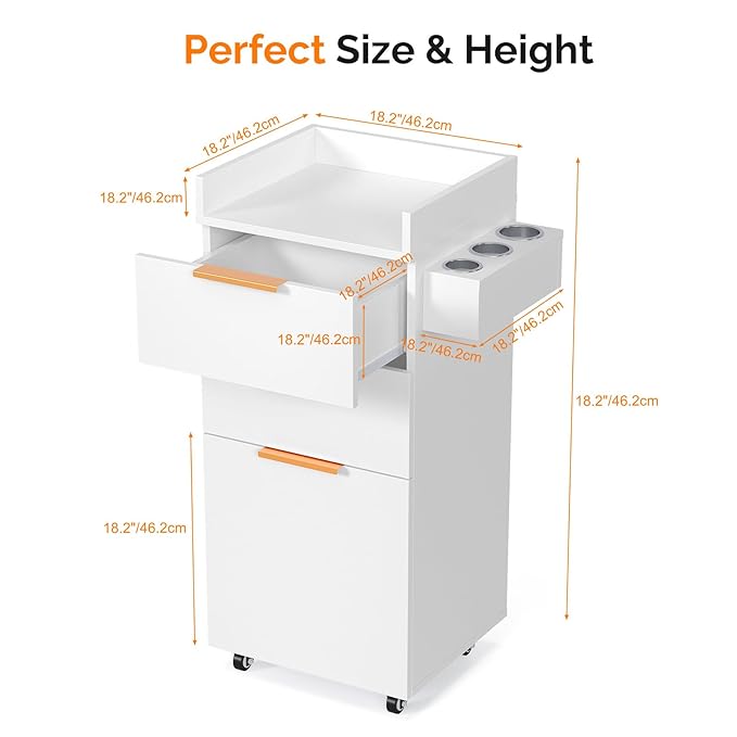 OmySalon Salon Cart with Wheels, 3-Tier Rolling Hair Styling Station, 2 Drawers & Adjustable Shelf, Hair Dryer Holder, Mobile Organizer for Salon, Barber, Spa, Nail & Beauty Tools, White