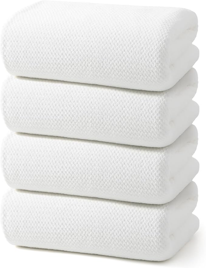 REDKISS 4 Pack Premium Bath Towels, Plush Coral Fleece Towels for Bathroom, Extra Large Bath Towels Set of 4 (35 x 70 in), Super Soft Highly Absorbent Shower Towels for Spa, Gym, Travel, White