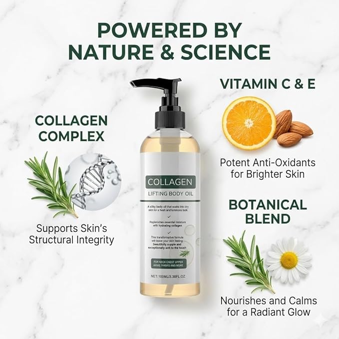 Elycura Collagen Lifting Body Oil for Skin, Lightweight Non Greasy After Shower Body Care, Helps Soften Crepey Skin, Hydrating Moisturizing Body Oil for Firmer Smoother Looking Skin, 3.38 Fl Oz