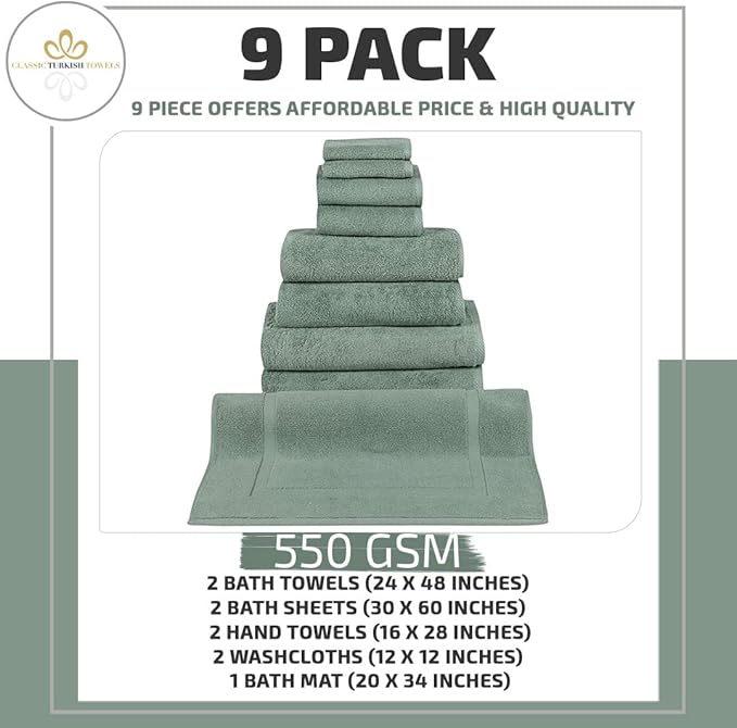 Classic Turkish Towels CTT - 9 Piece Premium Towel Set, 100% Turkish Cotton, Highly Absorbent & Comfy, Includes 2 Bath Towels, 2 Hand Towels, 2 Washcloths, 2 Bath Sheets & 1 Bath Mat | (Green)