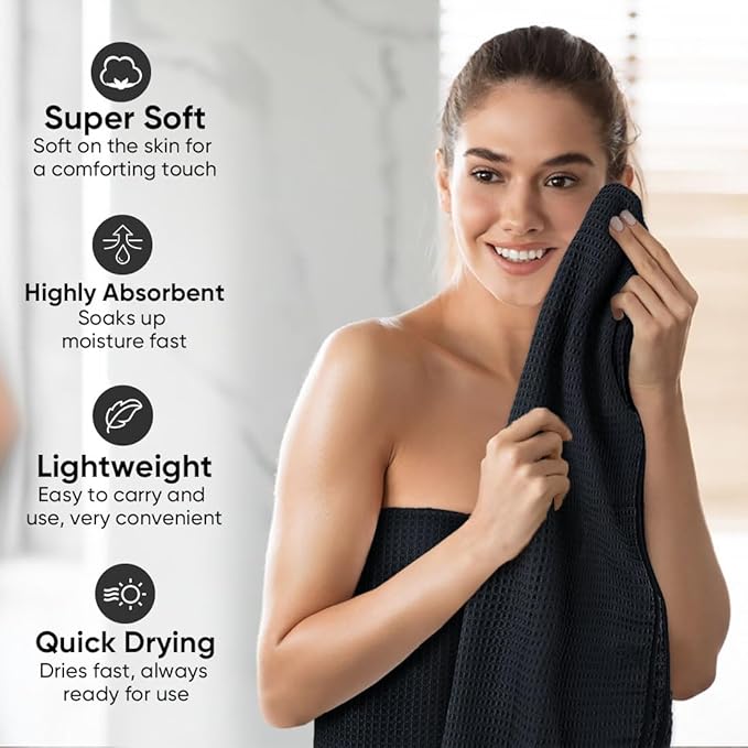 HOMEXCEL Waffle Bath Towels Set 4 Pack, Premium Microfiber Bathroom Towels, Lightweight, Highly Absorbent and Quick Dry Towel for Bathroom, Gym, Shower, Hotel, and Spa, 30 x 60 Inch, Black