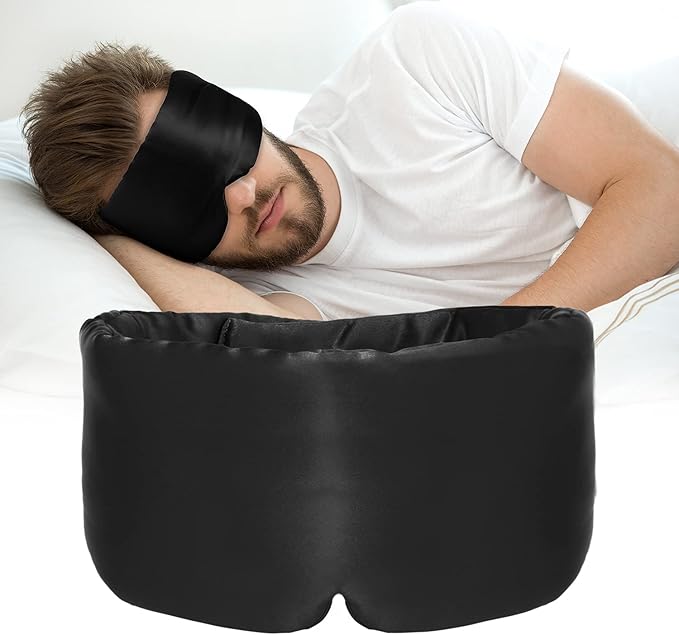 Silk Sleep Mask for Women Men, Mulberry Silk Eye Sleeping Mask & Blindfold with Adjustable Strap, Blackout Eye Cover for Sleep Travel Yoga Nap, Large Size, Black