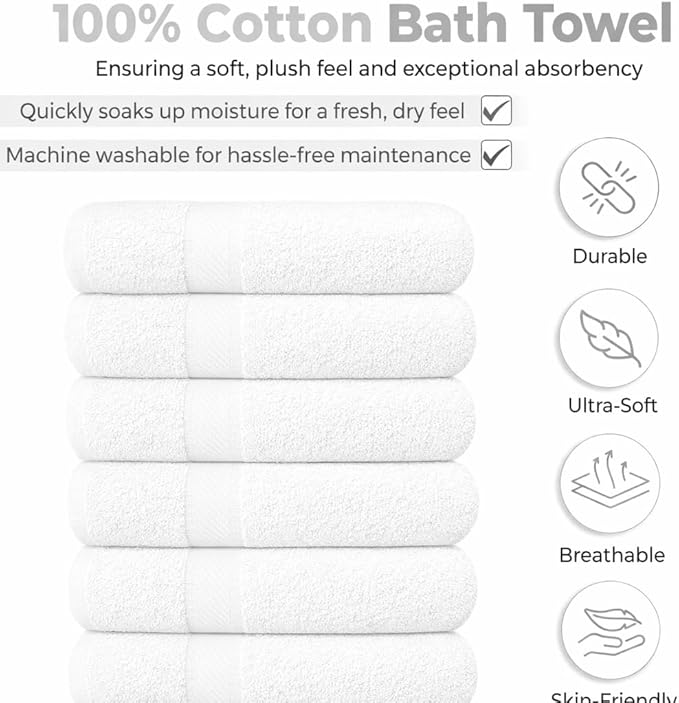 KAHAF COLLECTION 6 Pack Bath Towels Set (27 x 54 Inches) 100% Ring Spun Cotton, Lightweight, Quick Dry, Highly Absorbent Towels (White, (27x54) Inches)