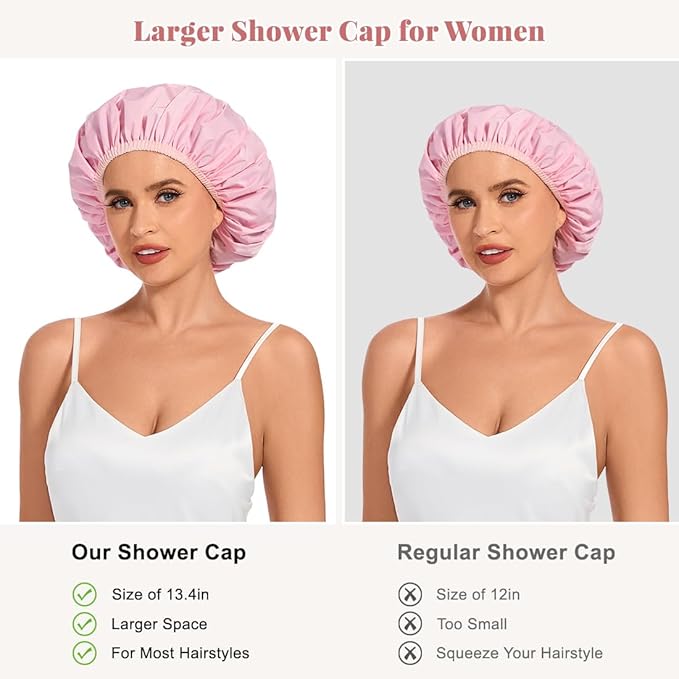 Shower Cap for Women Waterproof Reusable, Large Shower Cap Non-Slip with Elastic Band, Washable Bath Hair Hat for Long Hair, Braids (Pink)