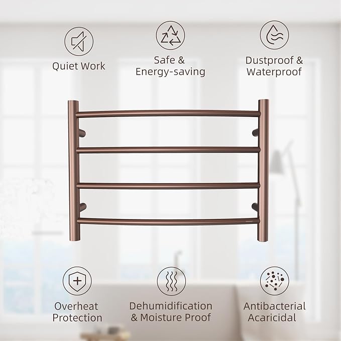 Towel Warmer ORB for Bathroom Wall Mounted Bath Towel Heater Plug-in Electric Heated Towel Rack Stainless Steel Curved Round Oil Rubbed Bronze Drying Rack ETW29 40W 16.54x23.62x5.51 inches