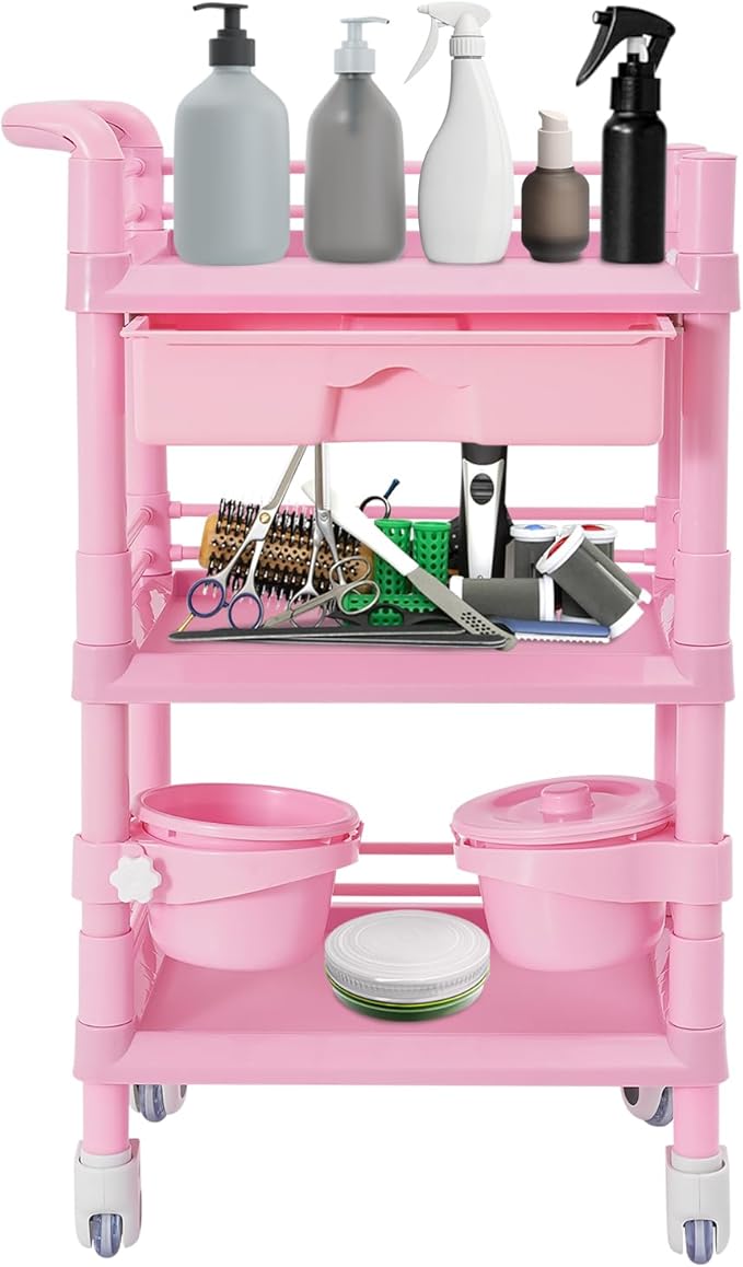 Salon Storage Cart, 3 Tier Rolling Beauty Organizer with 2 Garbage Baskets & 1 Drawer, 80kg/176.37lbs Capacity, Movable Storage Trolley for Beauty Salon SPA (Pink)