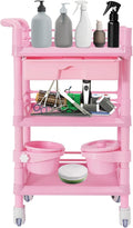 Salon Storage Cart, 3 Tier Rolling Beauty Organizer with 2 Garbage Baskets & 1 Drawer, 80kg/176.37lbs Capacity, Movable Storage Trolley for Beauty Salon SPA (Pink)
