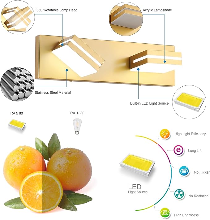 SineRise LED Modern Bathroom Vanity Light Fixtures (2-Light, 15.5-Inch, Dimmable), Matte Gold Modern Acrylic Bathroom Wall Lighting Fixtures Over Mirror (Cool White 6000K)