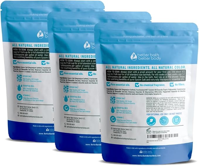 Joints Bath Soak (3 Pack) Soothing Epsom Salt with Rosemary and Frankincense Essential Oils Plus Vitamin Crystals in BPA Free Pouch Three 2 lbs Pouches 6 Lbs Total