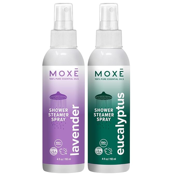 MOXE Shower Mist, Spa Steam Spray, Certified Natural Essential Oils, Aromatherapy, Calming Relief (Lavander and Eucalyptus, 4 Fl Oz (Pack of 2))