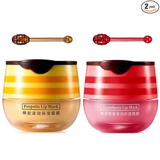 2 Pcs Bee Lip Balm Honey Pot,Honey & Strawberry Lip Mask Propolis Moisturizing Lip Balm with Stick,Prevention Dry and Cracked Lip Scrubs,Exfoliator Lip Wrinkle Skin Care Products
