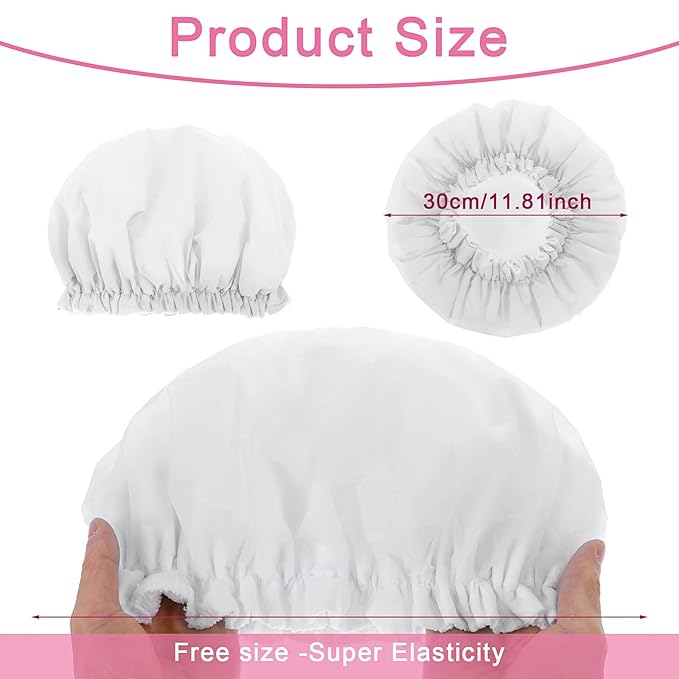 Reusable Shower Caps for Women, Terry Cloth Lined Shower Cap Double Layer Reusable Bath Cap Waterproof Elastic Band Hair Cap for All Hair Lengths for Women Spa Home Salon Use(White)