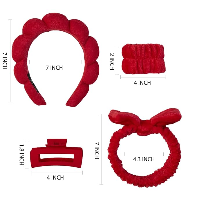 7 Pcs Spa Set, Facial Headband and Wristband Set, Skincare Accessories, College Style Girl Idea Gifts, Hair Accessories for Women and Girls（Red）