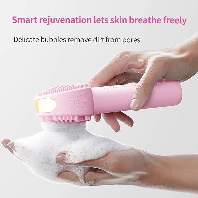 Facial Cleansing Brush Electric – Rechargeable Silicone Face Scrubber, Waterproof Vibrating Cleaner with 5 Adjustable Intensities for Deep Cleansing and Exfoliation (Pink)