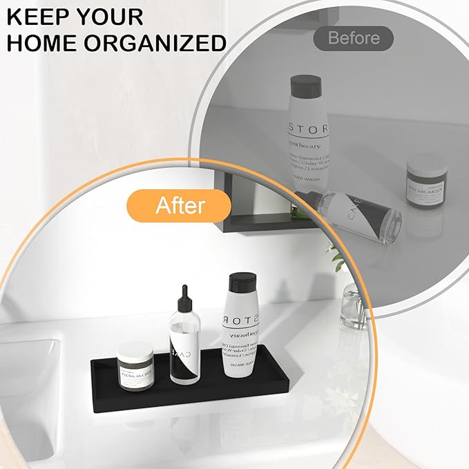 2PCS Bathroom Vanity Tray, 11.8 x 5 Inch Silicone Bathroom Counter Organizer, Decorative Holder for Candle and Perfume Tray, Cosmetics, Jewelry Rings for Kitchen Sink Organizer, Black